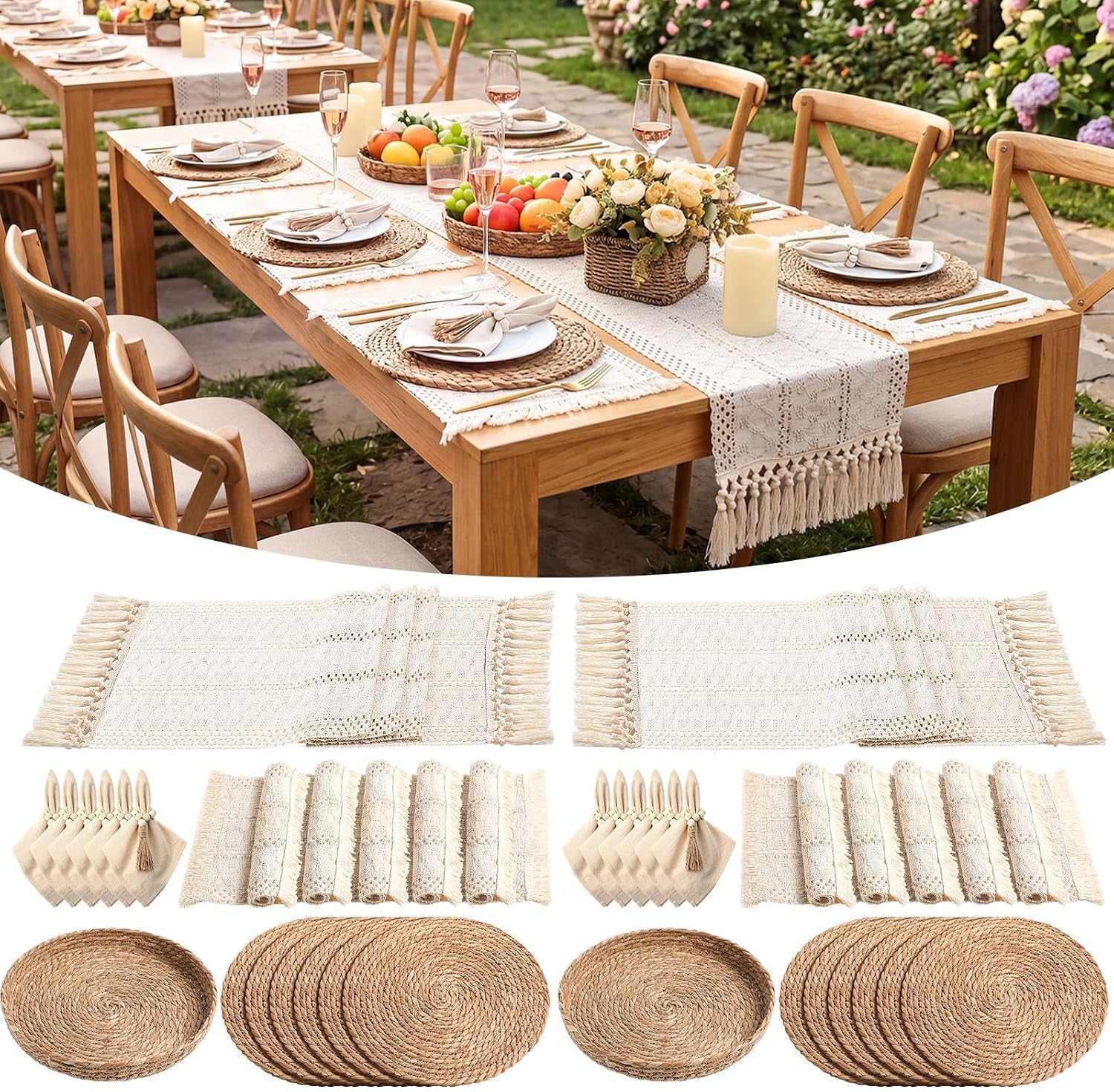 Two long outdoor tables set for a meal and product layout below showing two fringed runners, napkins, rings and woven