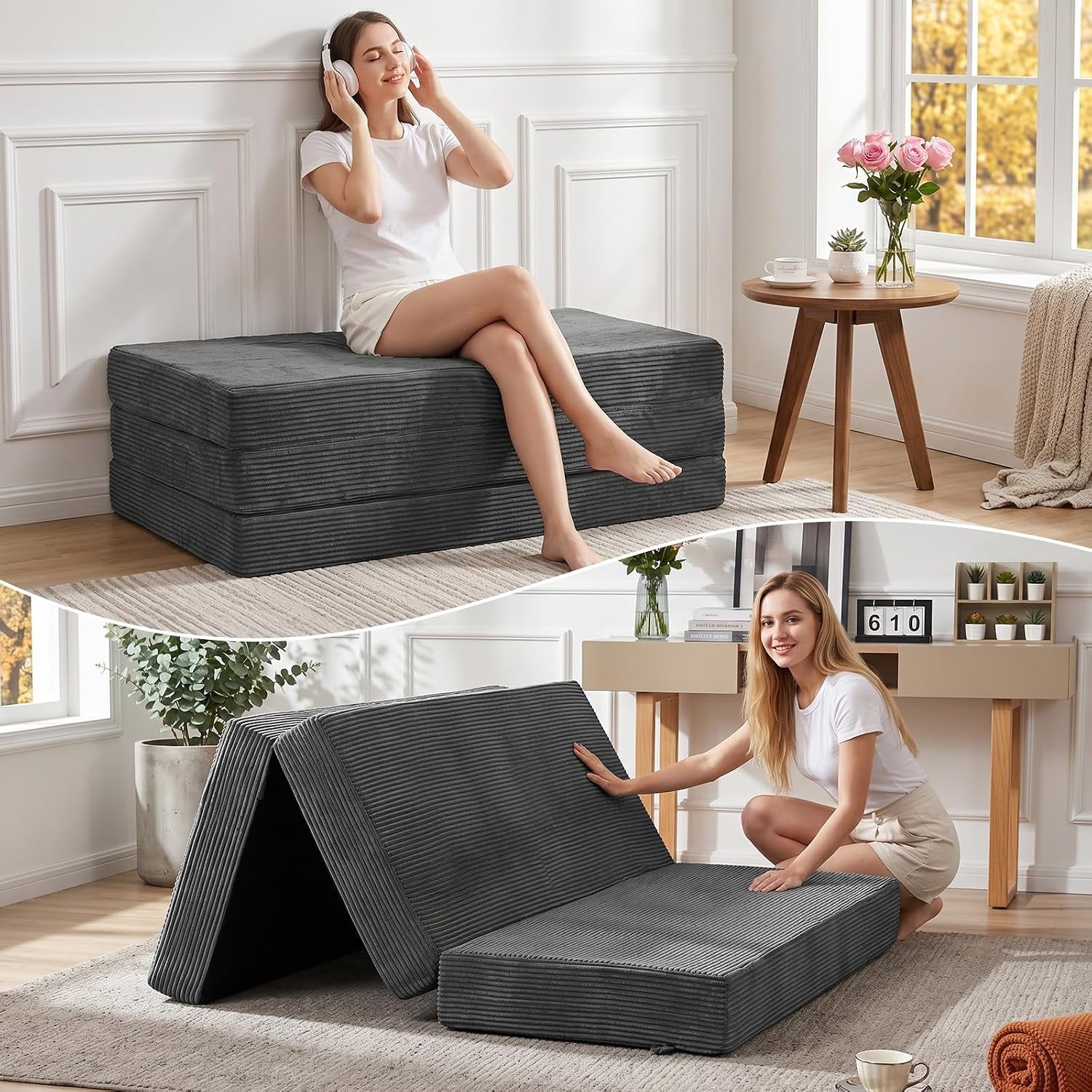 Charcoal tri-fold mattress shown stacked as a bench with a woman sitting, and folded into an A-frame while she adjusts it.