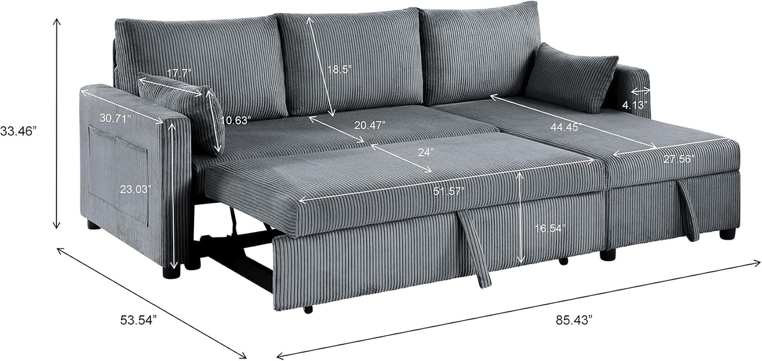 Grey corduroy sectional sleeper shown with dimension overlays and measurements visible