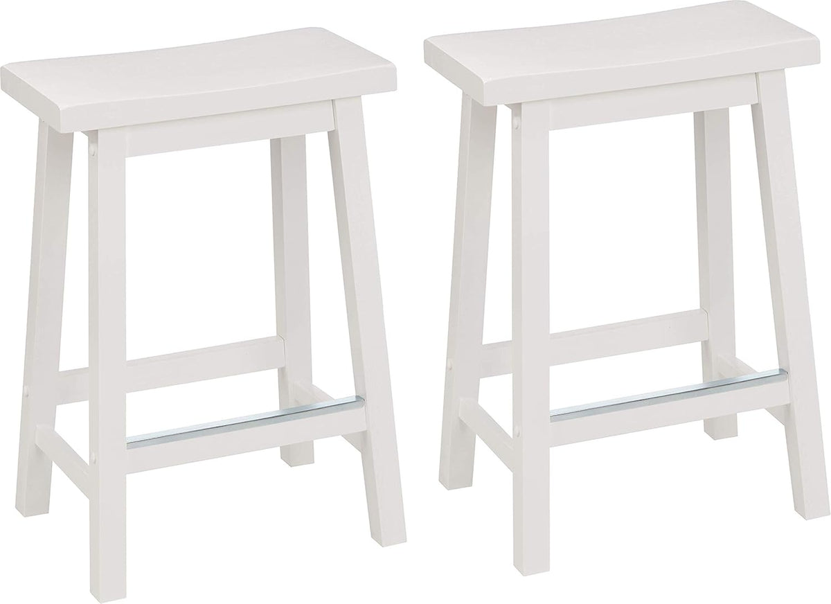 Two white wooden counter stools viewed slightly from the front showing seat contours
