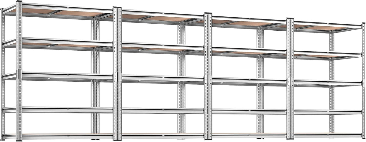 Wide front view of multiple silver metal 5-tier shelving sections linked side-by-side.