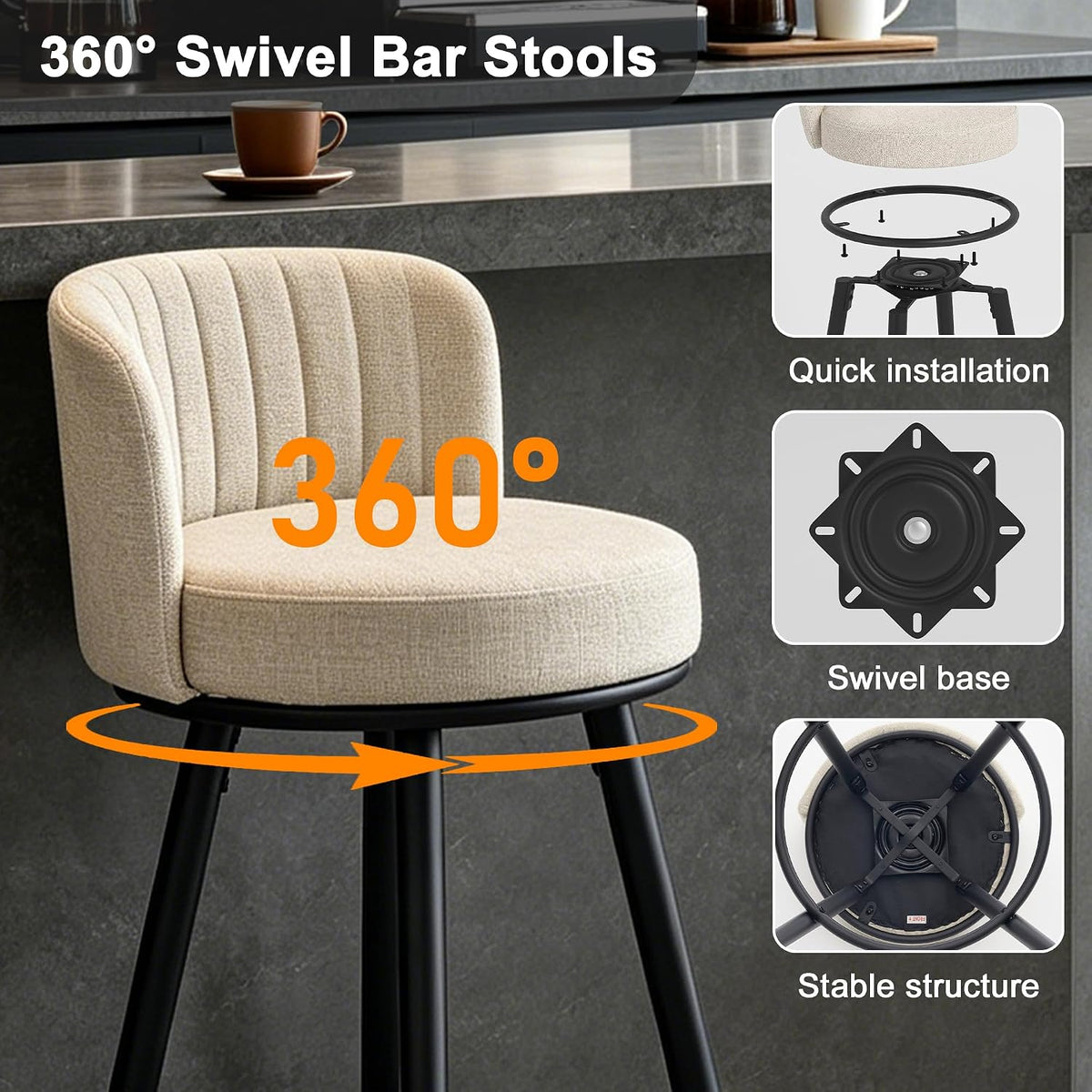 Close-up of beige swivel bar stool with graphics highlighting 360° rotation, swivel base and stable circular footrest