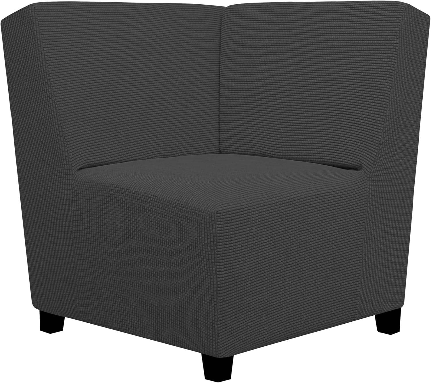 Three-quarter view of a dark gray corner chair module showing the ribbed texture and black tapered legs.