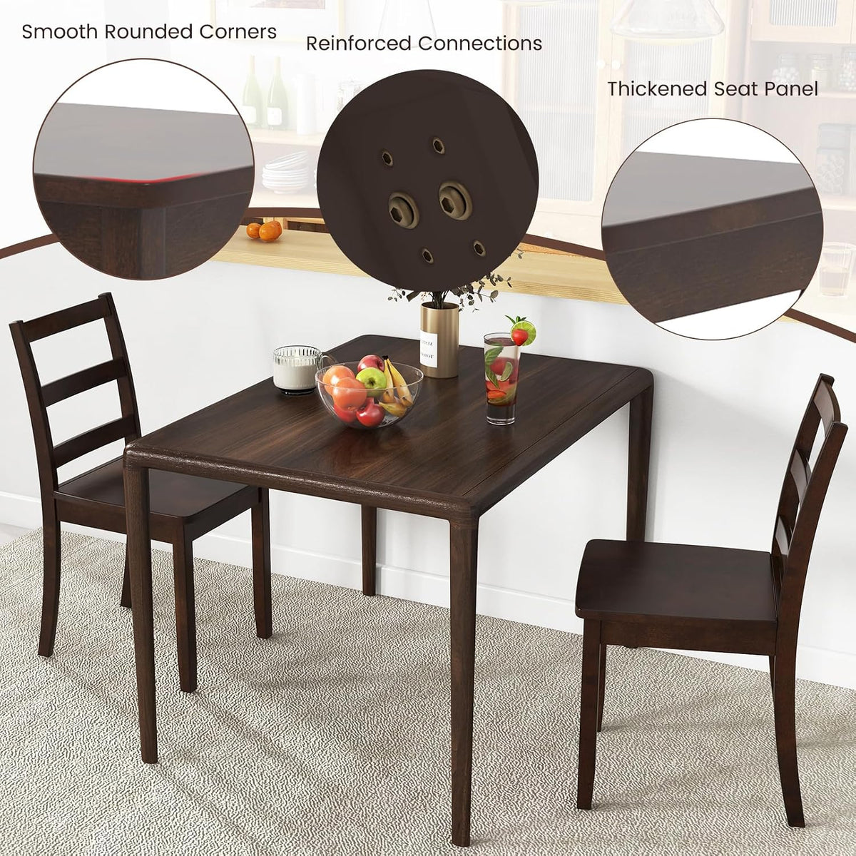 Dark brown ladder-back chairs around a table with close-ups of seat and frame details.