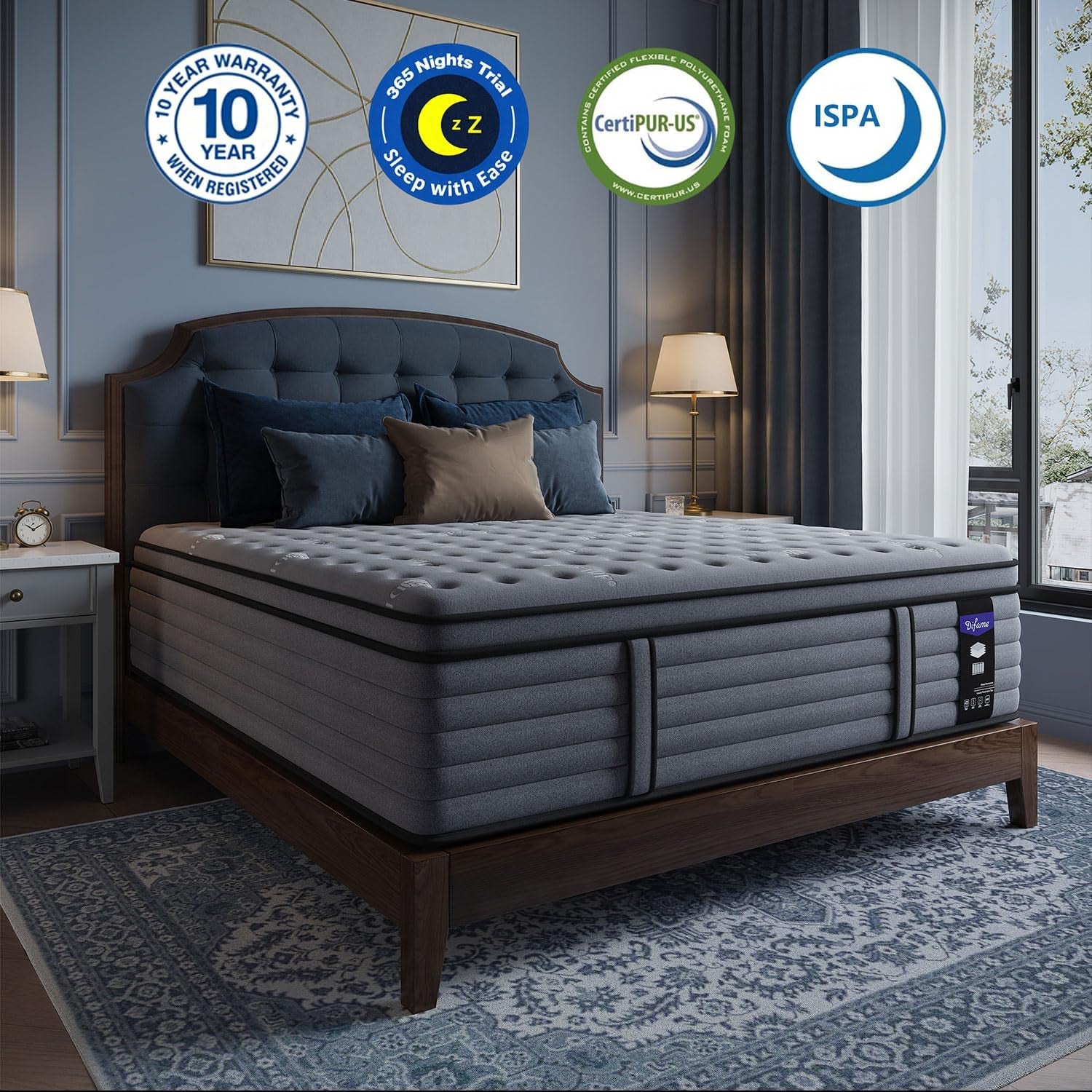 Styled bedroom scene with full mattress on wooden frame and certification badges visible above the headboard