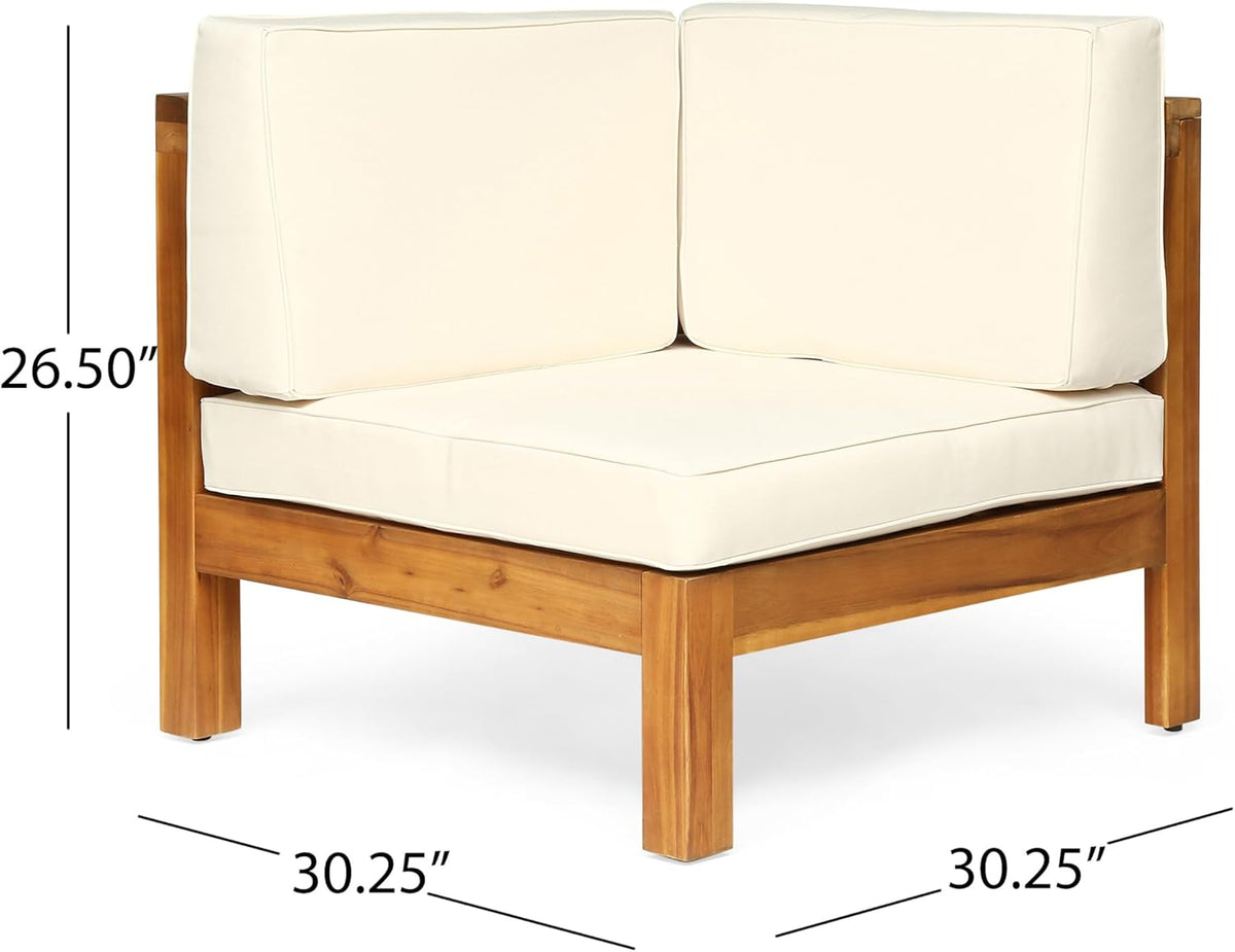 Front view of corner section showing two back cushions and beige seat on acacia wood frame with measurements