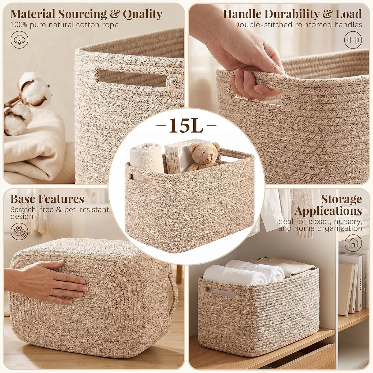 Close-up of woven cotton rope texture and double-stitched reinforced handle with a hand gripping the handle