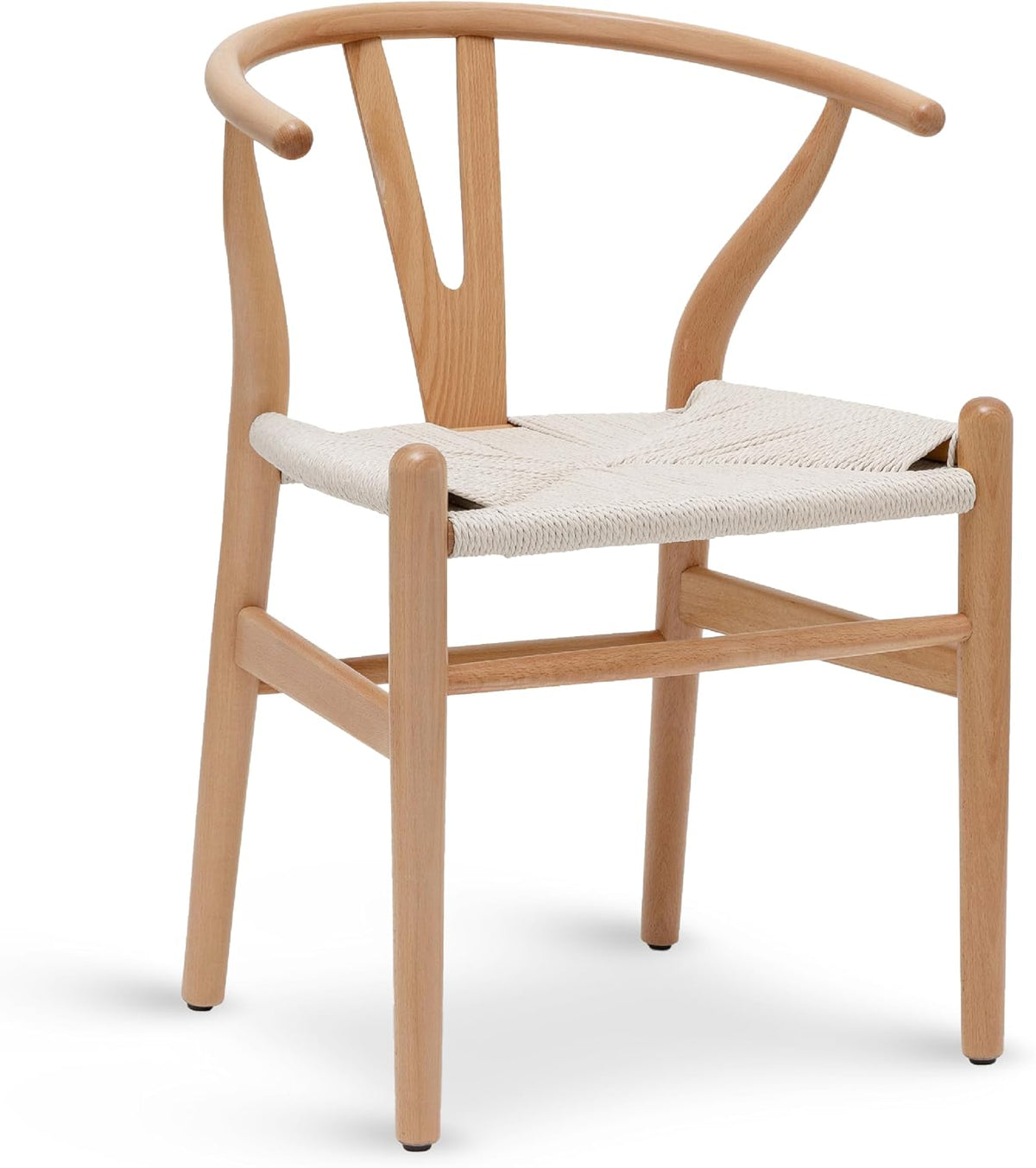 Oak solid wood dining chair with hand-woven light rope seat, front-right angled view on white background