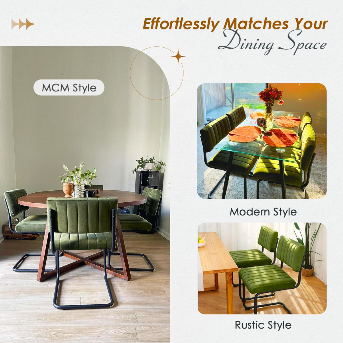 Collage of customer-style photos showing green velvet cantilever chairs around a round table and thumbnails