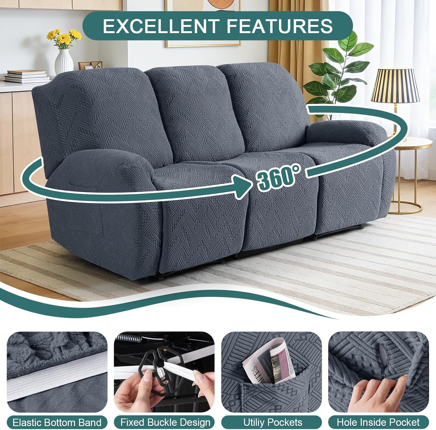 Recliner Sofa Covers Recliner Chair Covers Couch Covers for Reclining Couches with Pockets Washable Furniture Protector with Elastic Bottom (3 Seater, Grey)