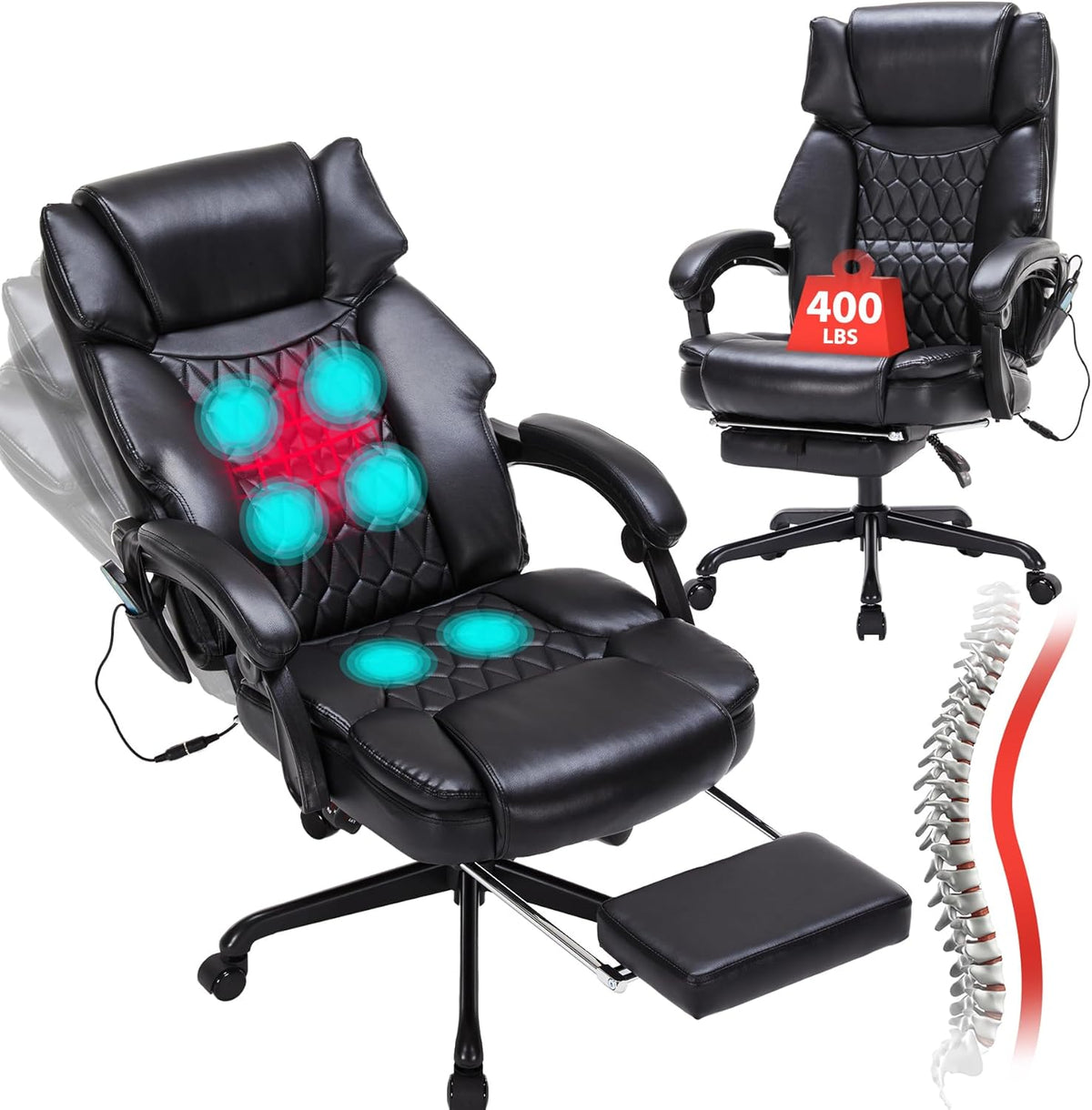 Black leather reclining office chair shown with footrest and illuminated massage zones on seat and back