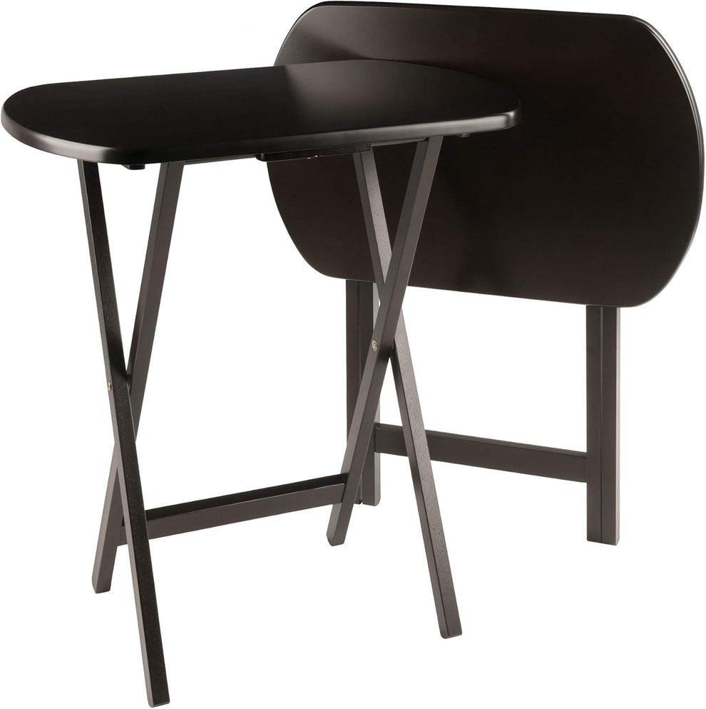 Two oblong dark brown folding snack tables, one folded and one open, angled studio view