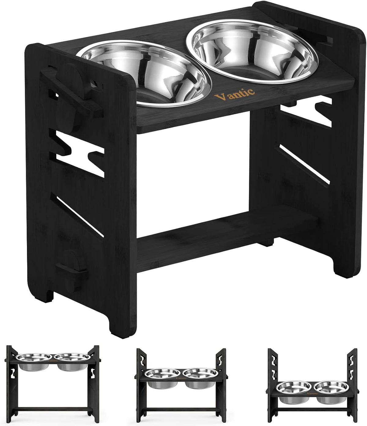 Three-quarter view of a black elevated double dog bowl stand with two metal bowls and carved side slots