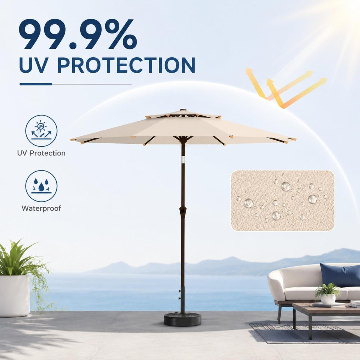 Beige umbrella against sky with UV protection graphic and close-up inset of water‑repellent fabric with droplets