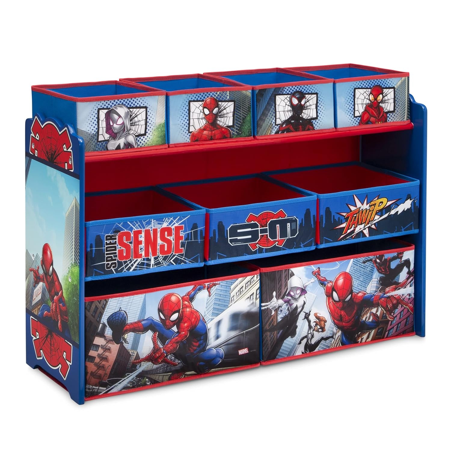 Three-tier toy organizer with Spider-Man printed fabric bins and red trim showing comic-style graphics across the drawers.