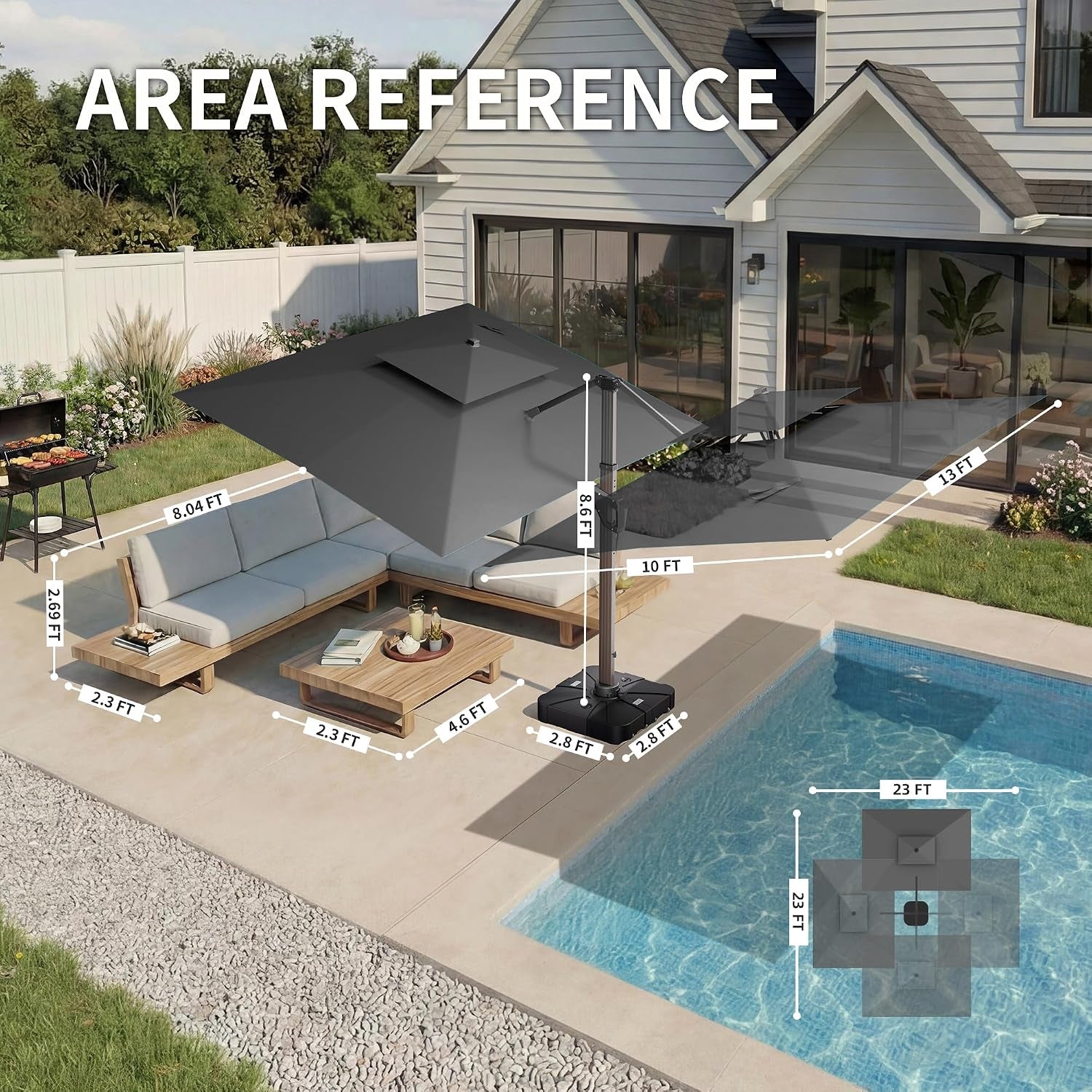 Top-down area reference render showing 10' x 13' canopy coverage and footprint overlay near pool.