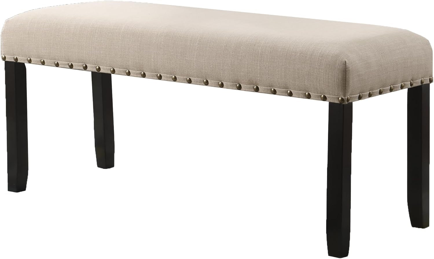 Tan upholstered dining bench front-right angled view showing nailhead trim and dark hardwood legs on white background