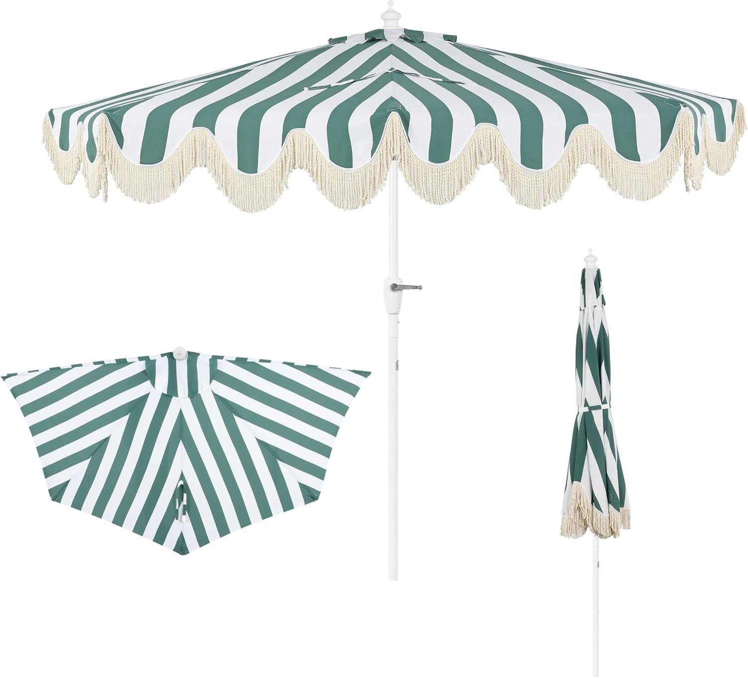 Three-view display of green and white striped half-umbrella with cream bullion fringe and a white pole