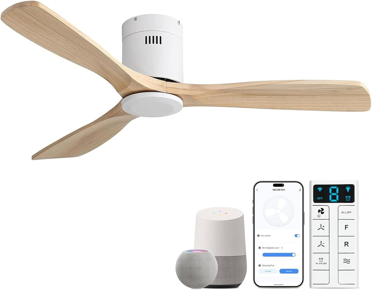 Flush-mount fan with natural light wood blades and white motor shown with smartphone, smart speakers, and remote