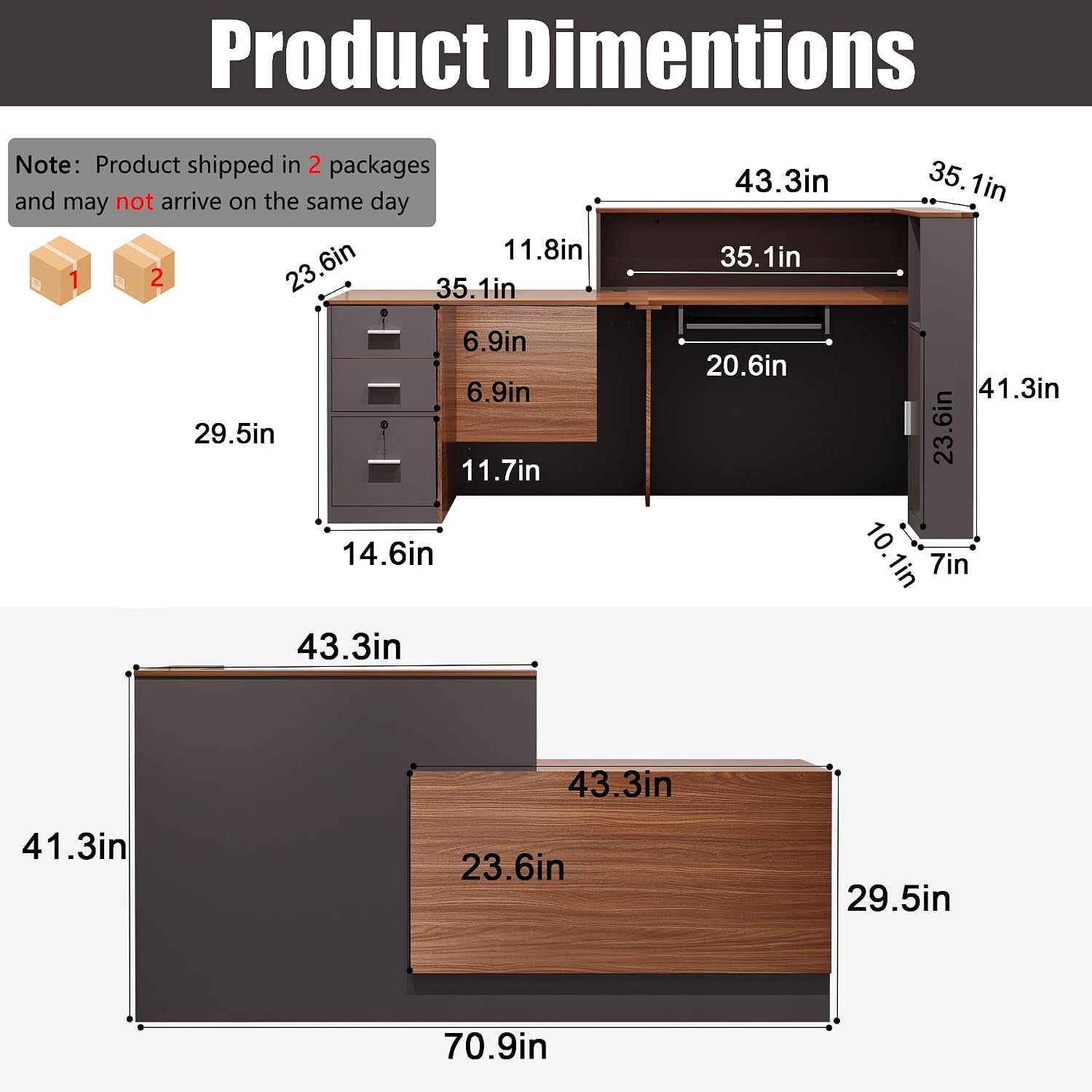 Annotated diagram showing product dimensions and measurements for the L-shaped reception desk