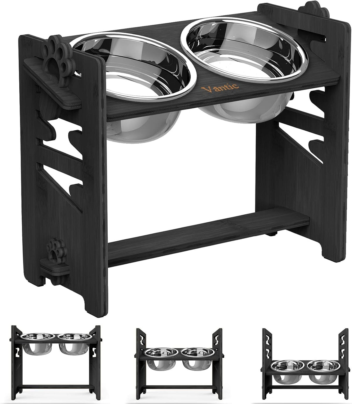 Black bamboo double bowl stand with two stainless bowls shown from an angle with height options
