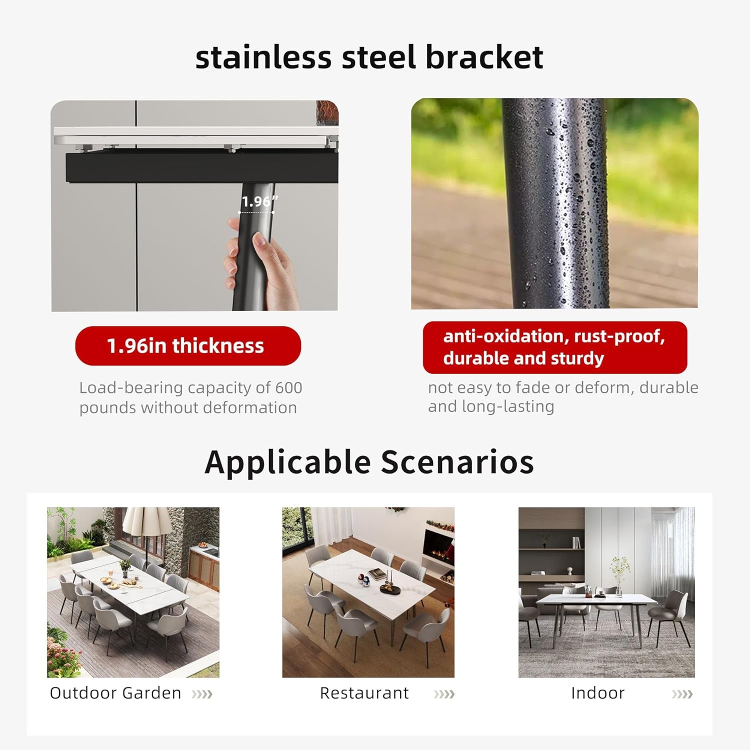 Collage with close-up shots of a metal table leg and three small photos showing the table in outdoor, restaurant, and indoor
