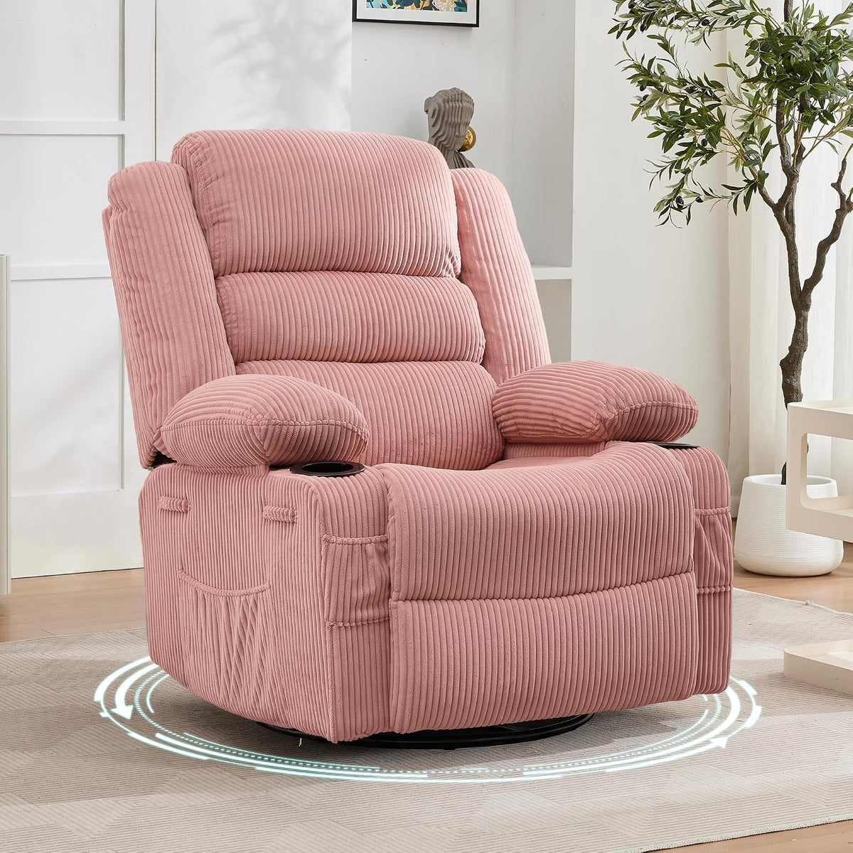 Dusty rose corduroy swivel recliner angled in a living room with plant and sculptural decor behind.