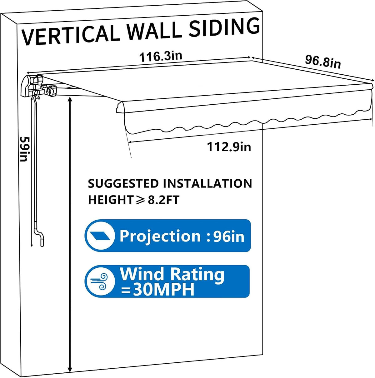 Line-drawn installation diagram showing awning projection and wall-mounted crank placement.