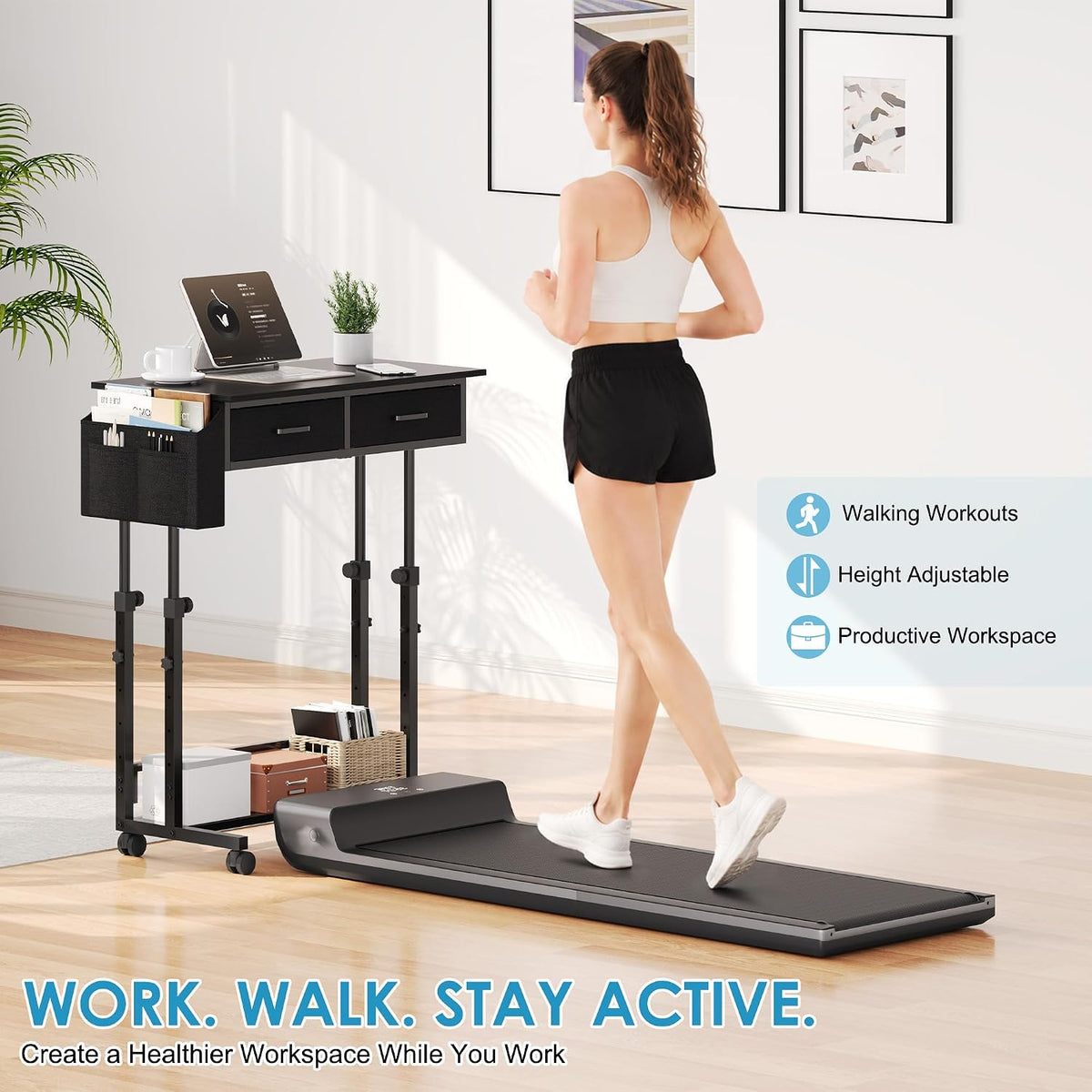 Black standing desk beside a walking treadmill with a person using the treadmill workstation