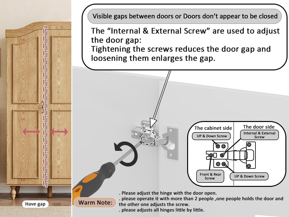 Illustrated diagram showing door gap adjustment with a screwdriver and hinge close-up.