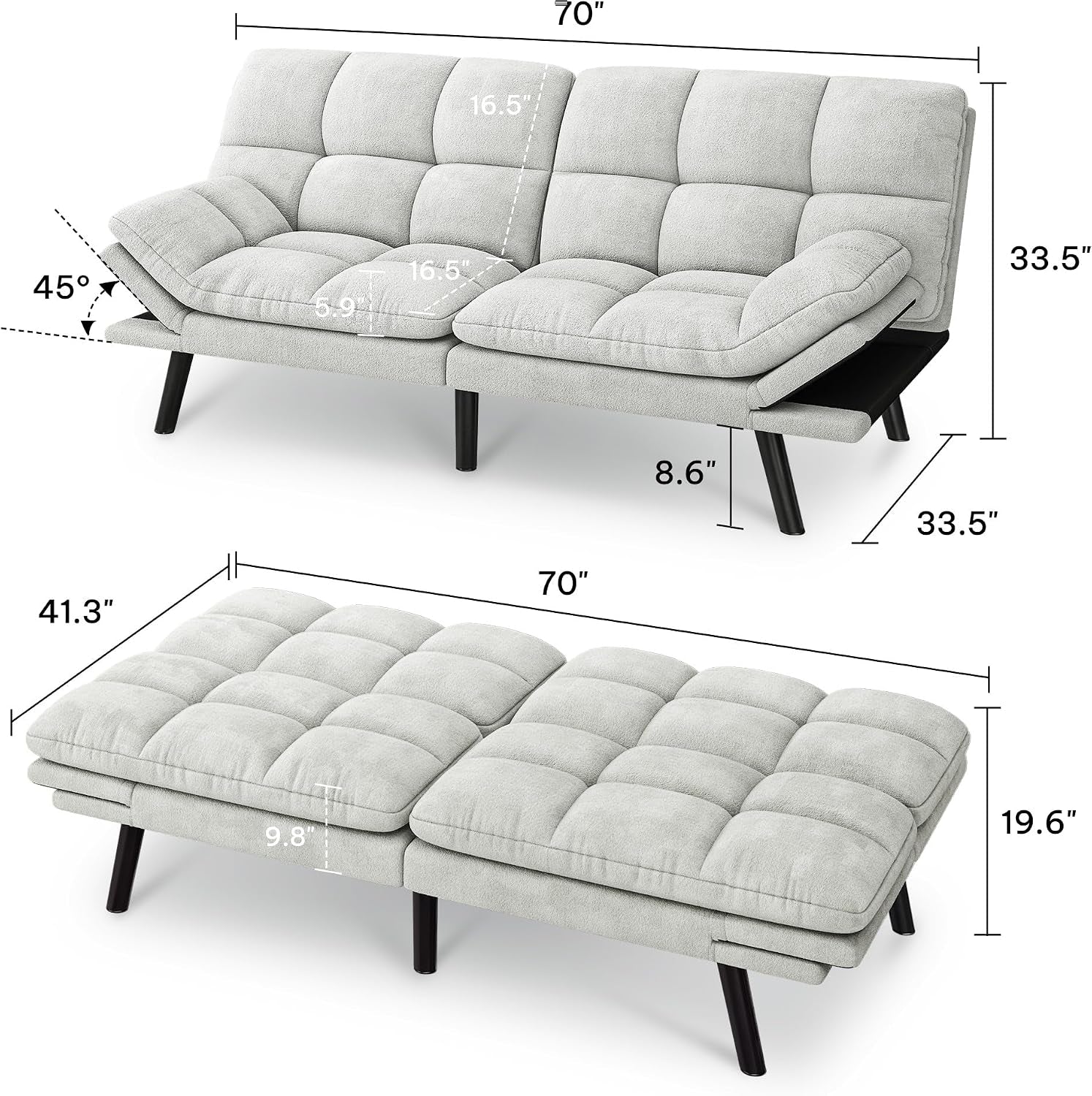 Dimension diagram showing 70in width, 33.5in height, 41.3in depth and bed height 19.6in of the futon