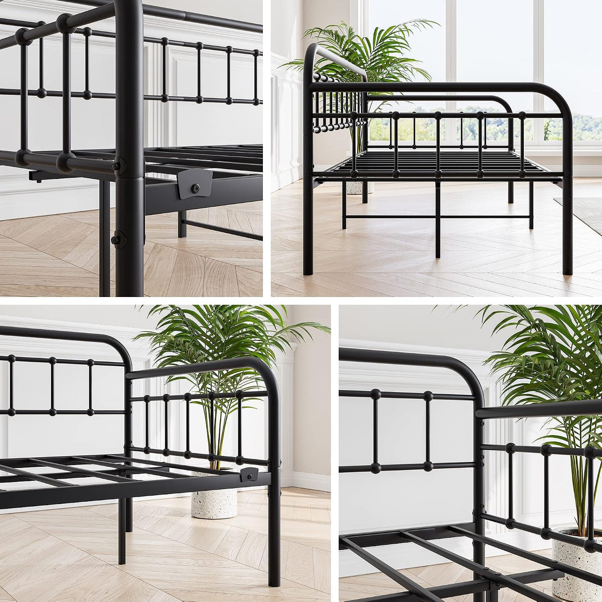 Collage of close-up shots showing rounded rail details, slat system and metal corner joints on the black daybed