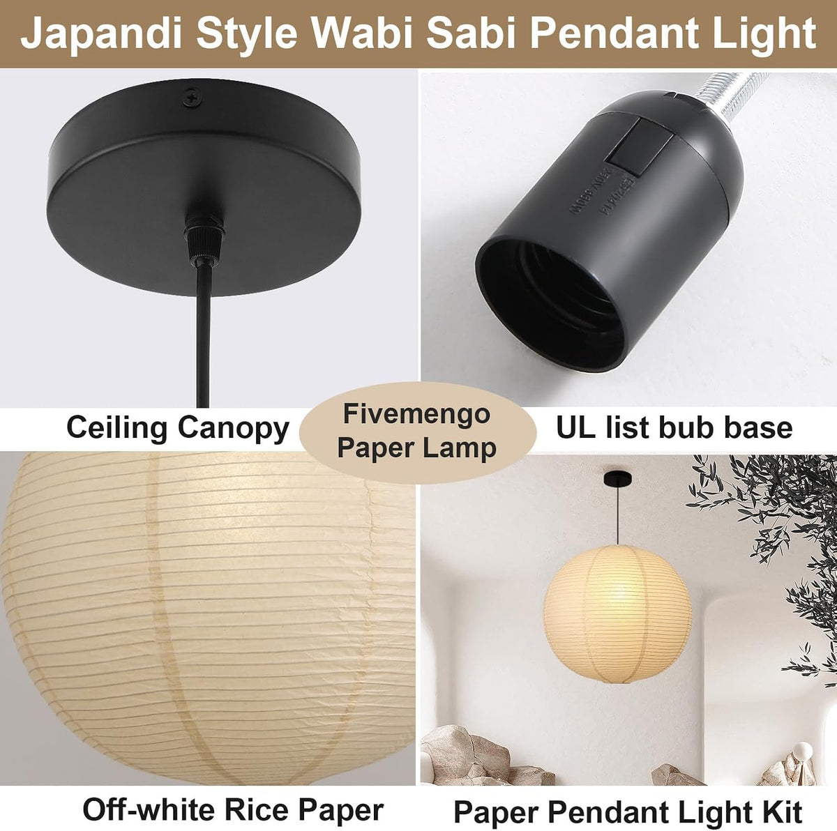 Collage of the black ceiling canopy, black bulb socket, close paper shade texture, and a lit pendant in a room corner.
