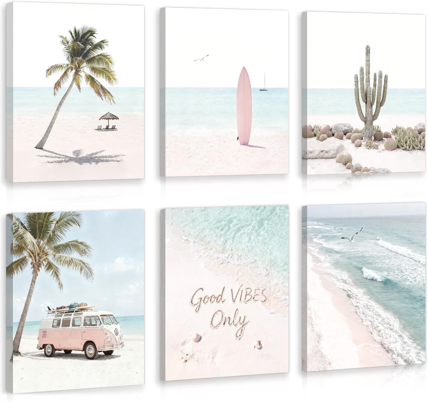 Six coastal-themed canvases showing palms, surfboard, cactus, retro van and seascape scenes in soft colors.