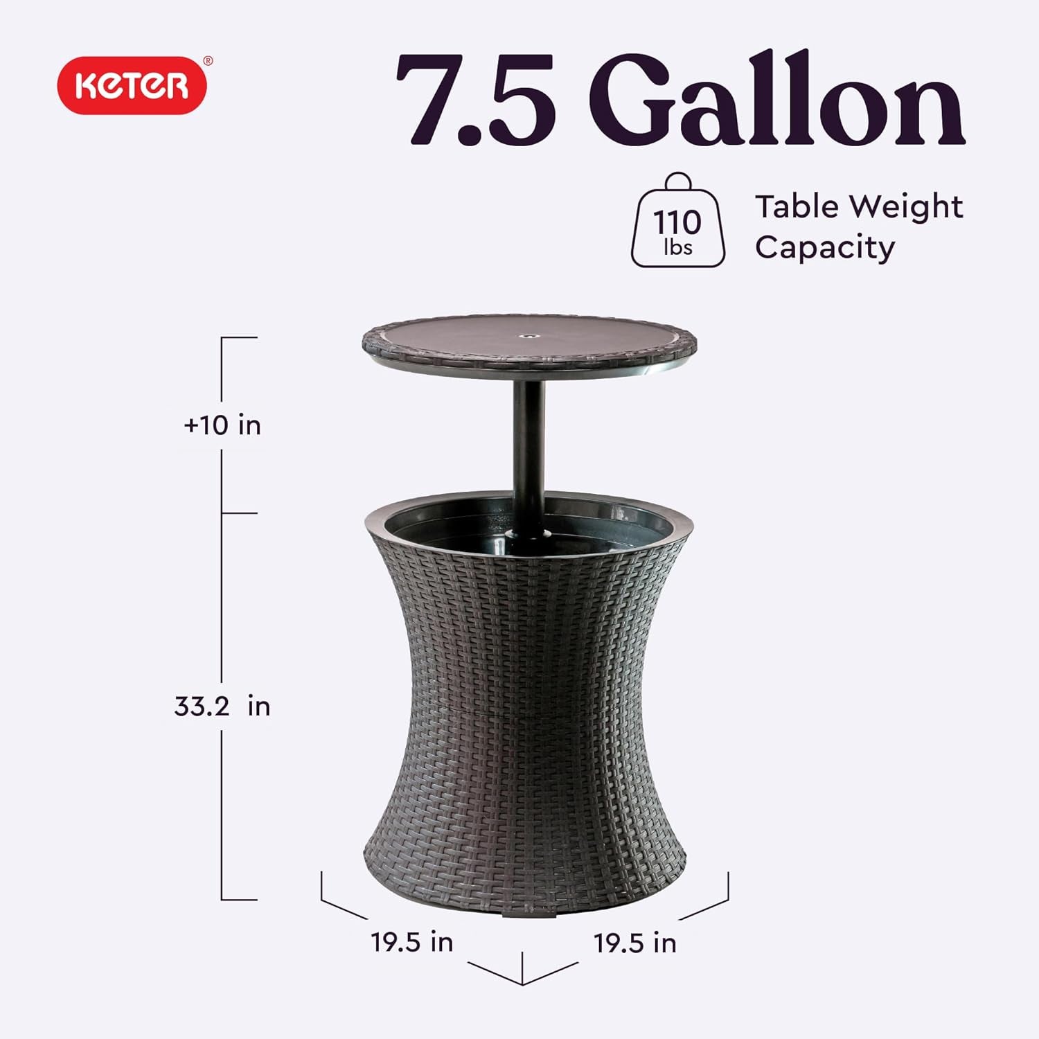 Diagram view of the Cool Bar showing 19.5 in. diameter and 33.2 in. height with pop-up top