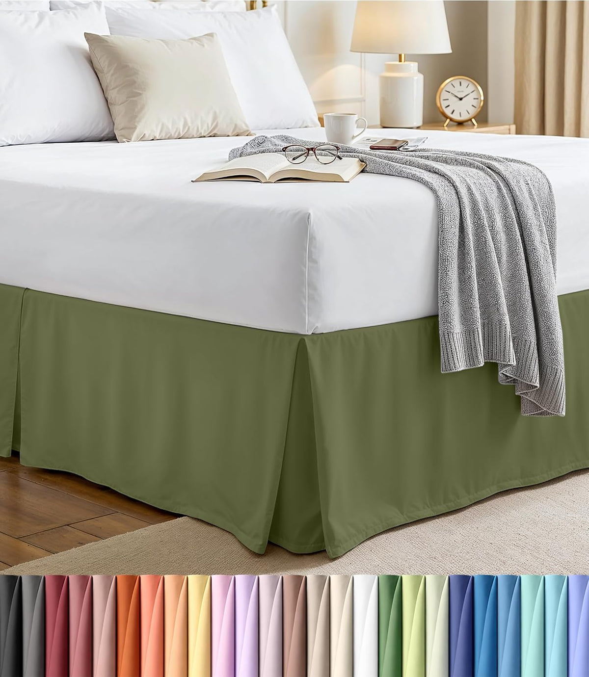 Bedroom corner showing a green pleated bed skirt under white sheets and a gray throw