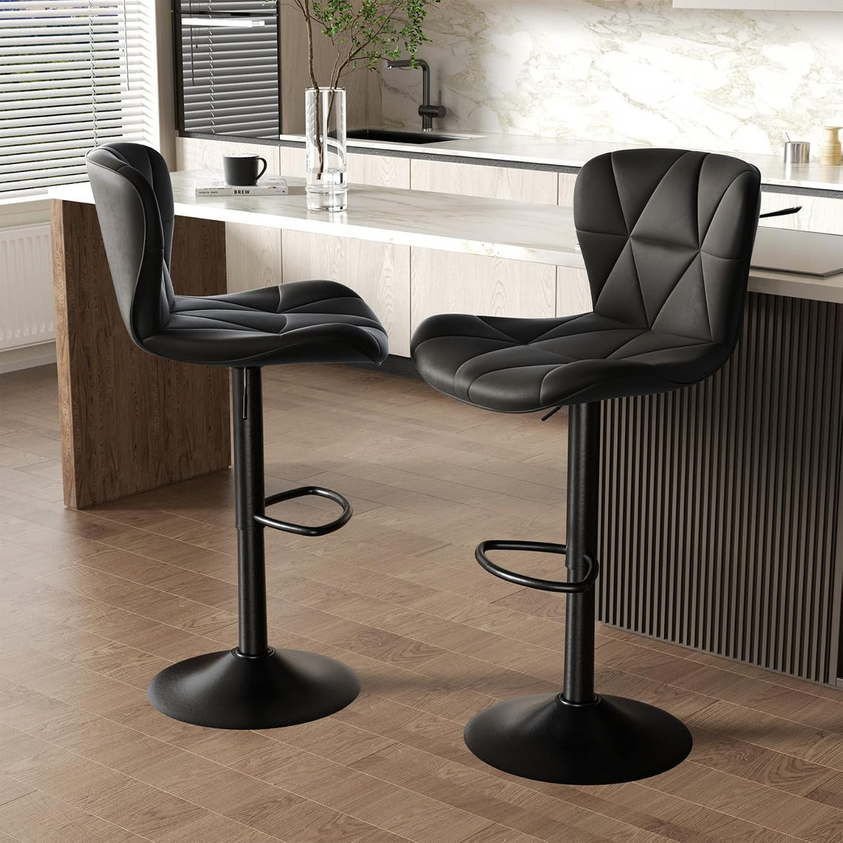 Nalupatio Modern Bar Stools Set of 2, Adjustable Faux Leather Upholstered Swivel Bar Stools, Counter Height, gallery view 6