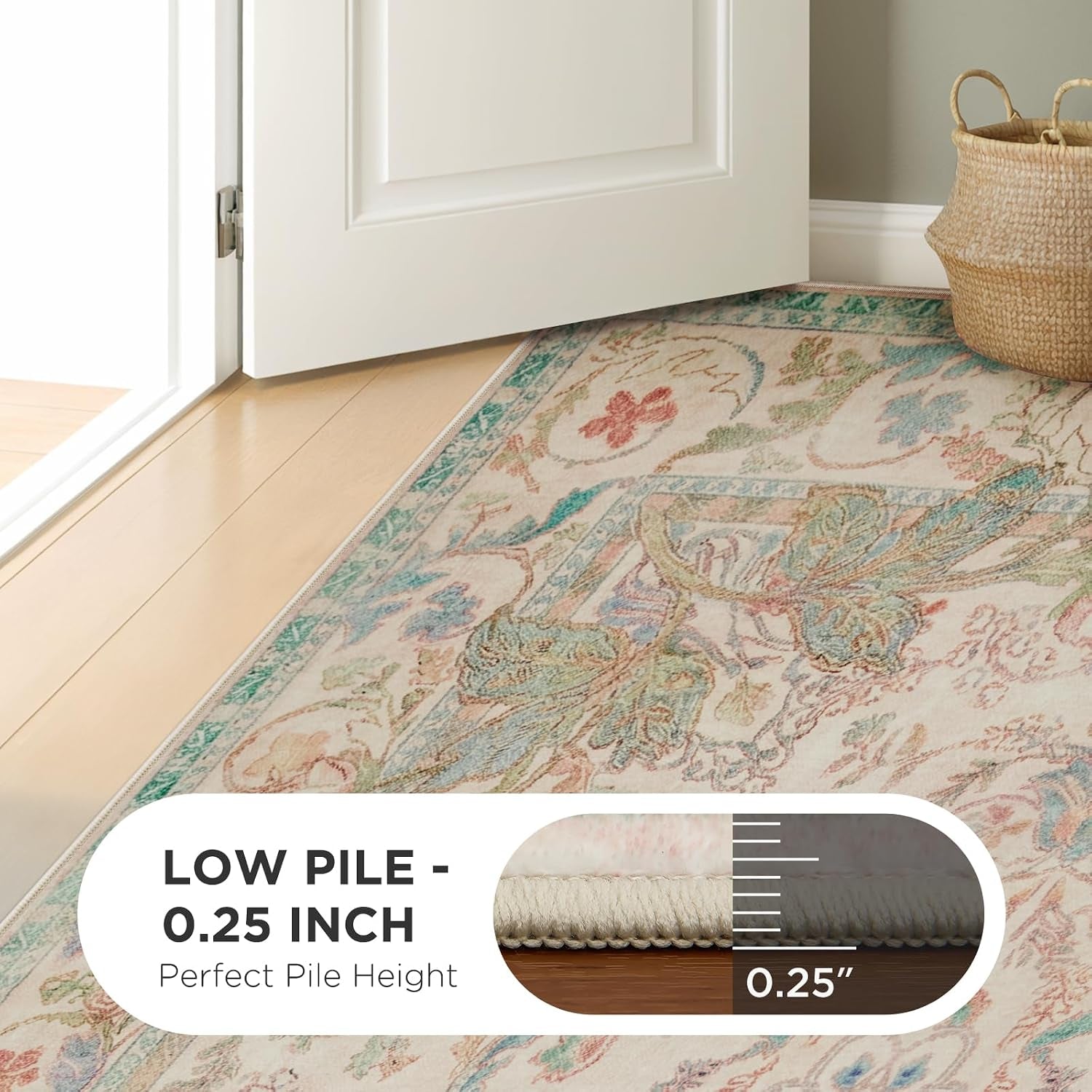 Rug at a doorway showing beige floral border on hardwood floor with graphic indicating low 0.25 inch pile