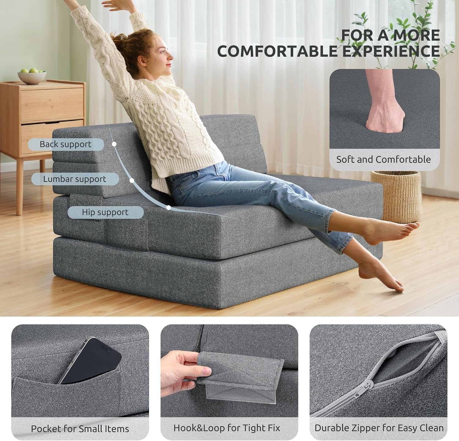 Dark gray foam sofa bed staged as a lounger with pocket, hook-and-loop fix, and durable zipper detail close-ups