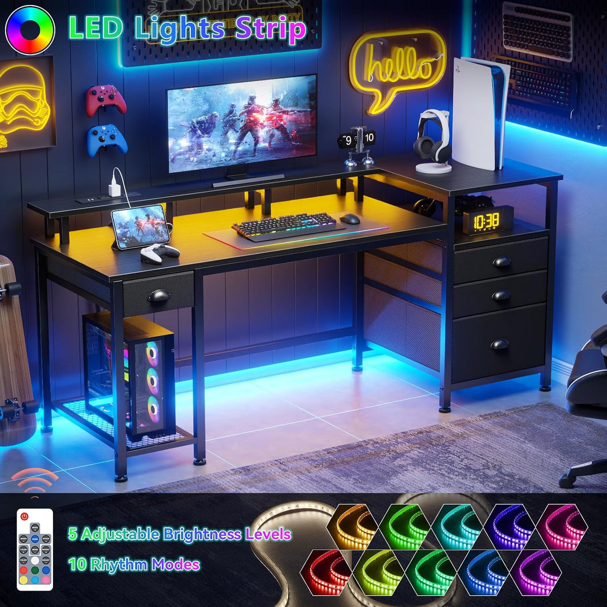 LED lighting promotional image showing RGB strip colors, remote control and the desk lit in multiple hues