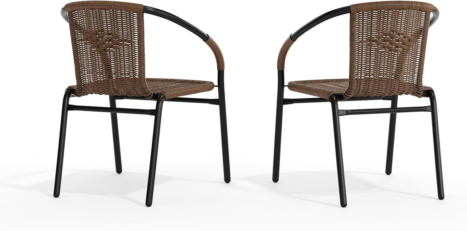 Pair of brown rattan chairs shown from the rear on a white background.