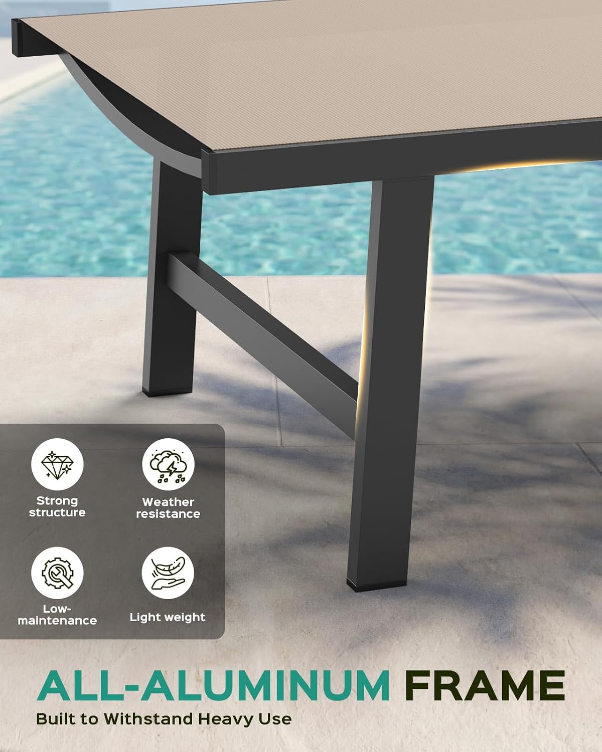 Close-up of aluminum chaise leg and diagonal support brace in a dark finish