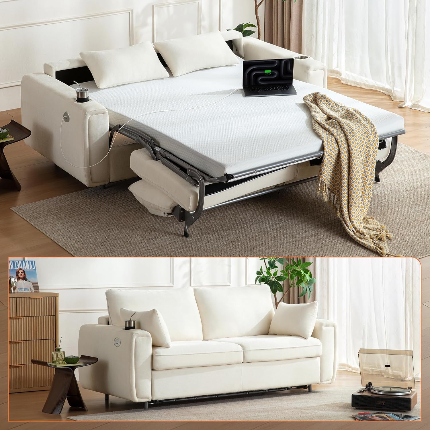 White queen sofa bed pulled out with memory foam mattress, laptop and throw on top