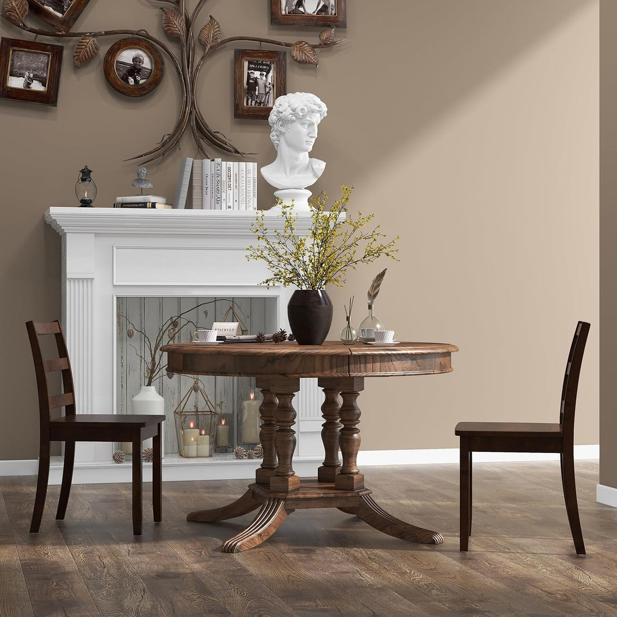 Dark brown ladder-back chairs beside a round dining table in a furnished room.