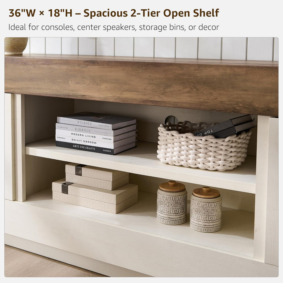 Detail view of the two-tier open shelf in antique white finish showing shelf styling and rear cable hole