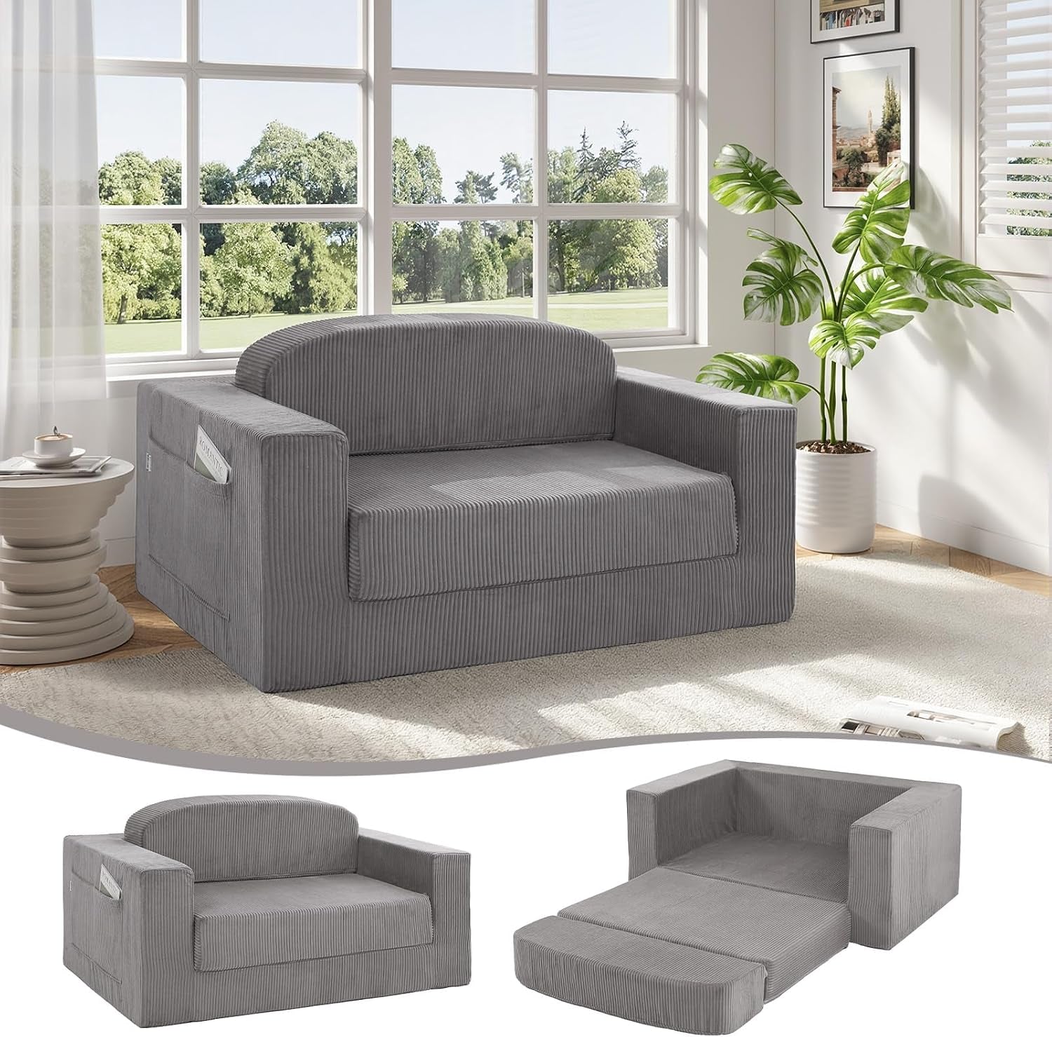 Light gray corduroy loveseat in a bright room with large window and small inset product views below.