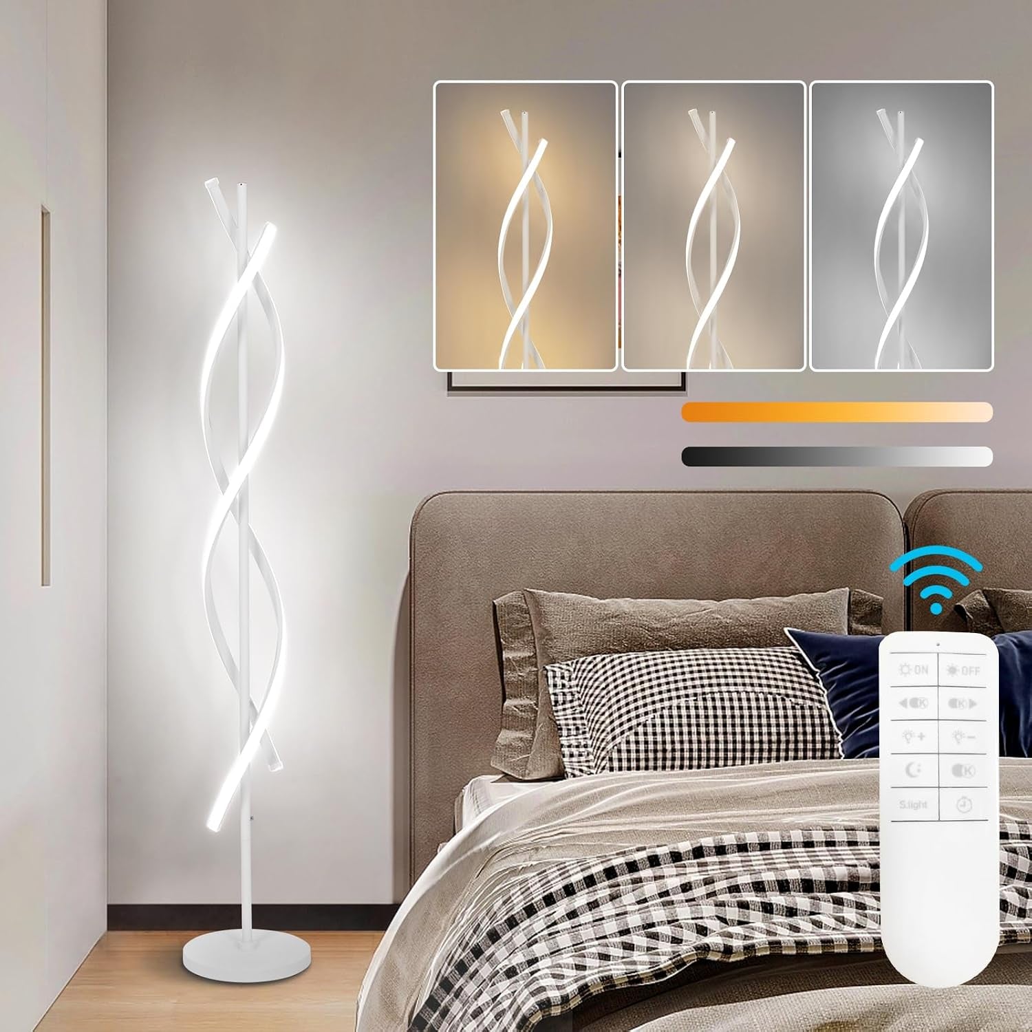 White spiral floor lamp glowing next to a bed with plaid bedding and a visible remote control.