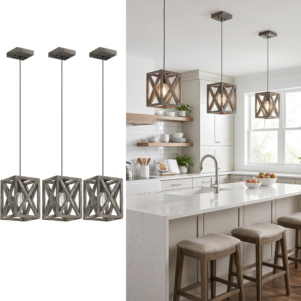 Three matching cube pendant lights shown side-by-side beside a kitchen island with three fixtures hanging above it.