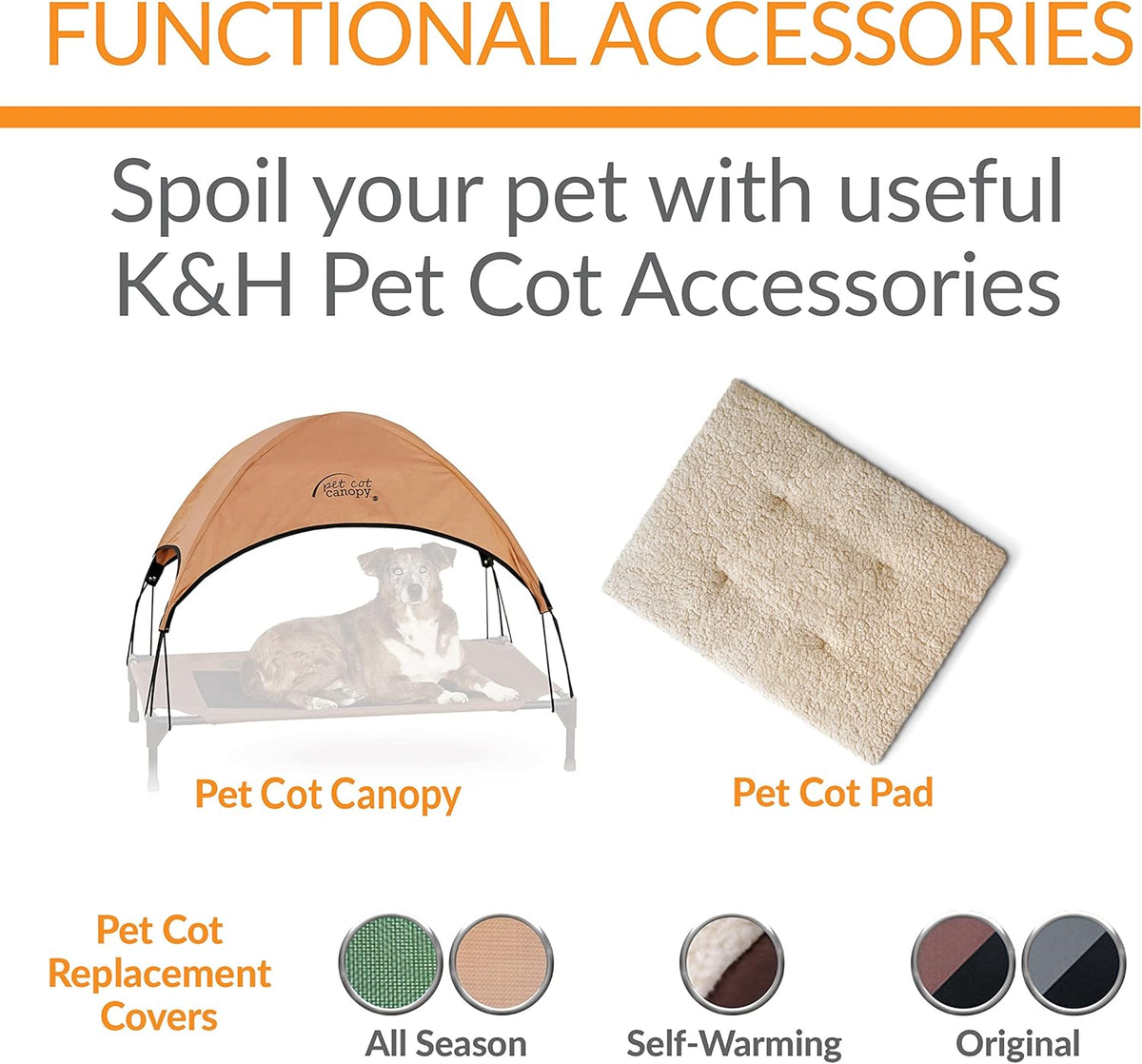 Optional pet cot accessories displayed: canopy over a cot and a rectangular pet pad alongside replacement cover icons