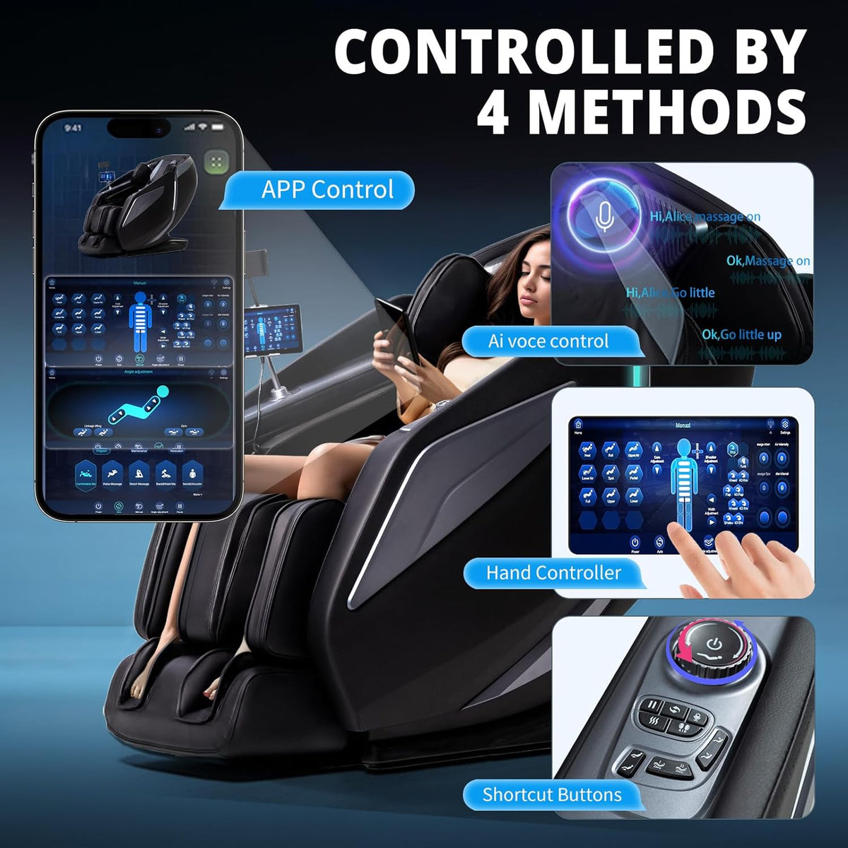 Massage chair with overlays showing four control methods: mobile app, voice control, handheld controller and armrest shortcut